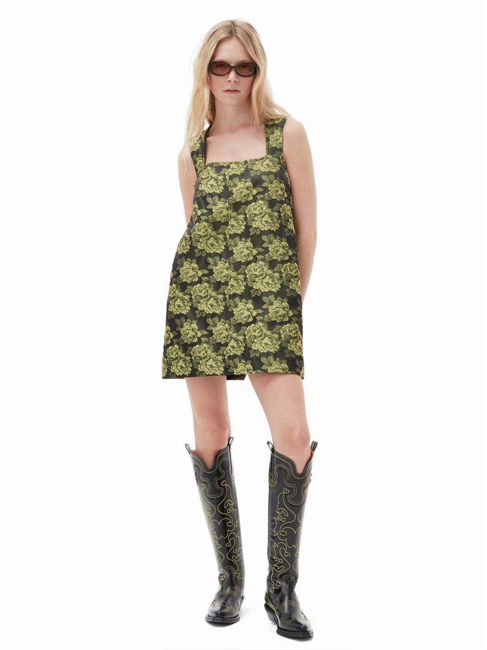 GANNI Black Yellow Floral Jacquard Square Neck Mini Dress 38 US 6